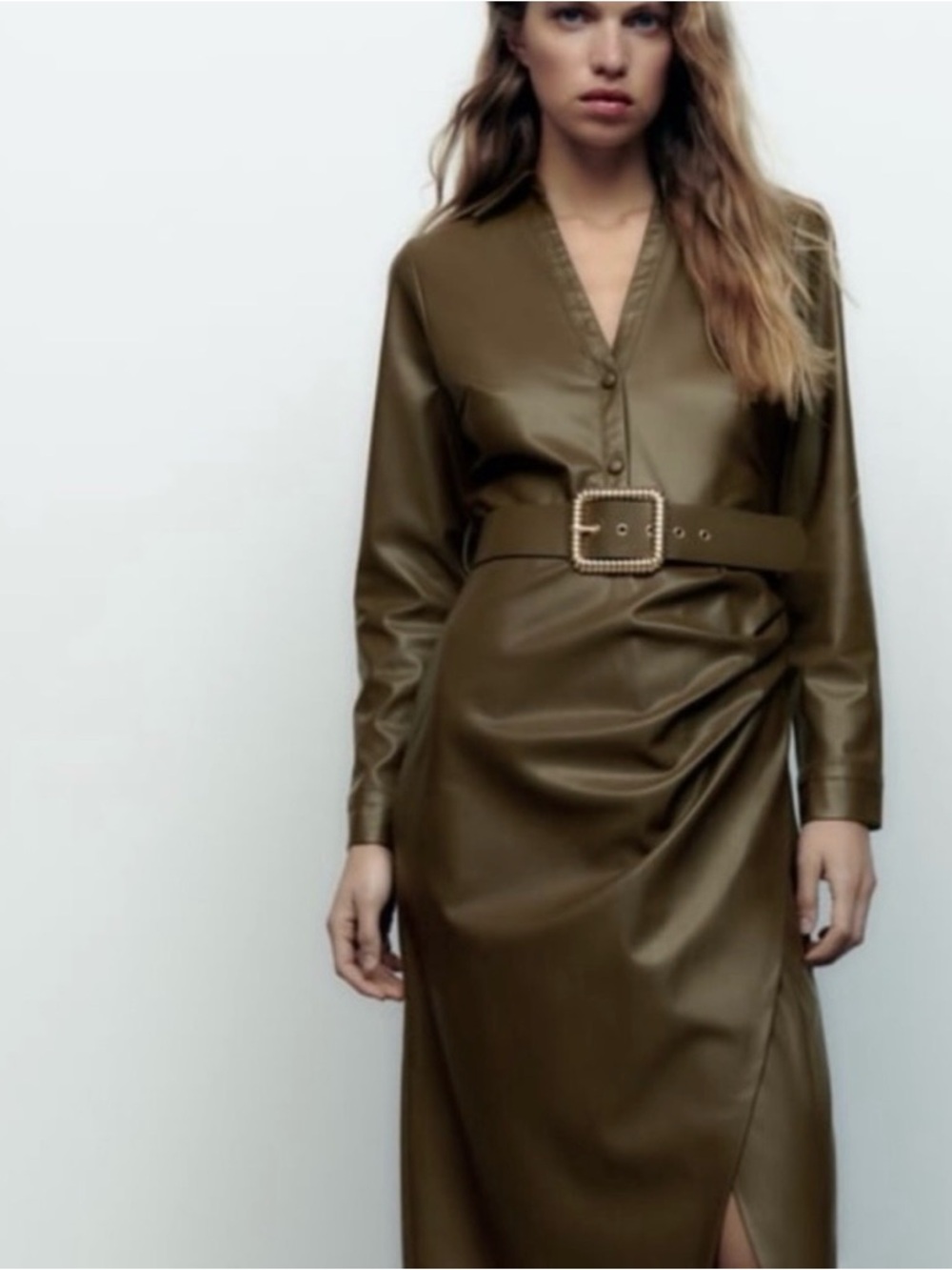 Olive Faux Leather Button-Down Midi Dress with Golden Buckle Belt Size XS